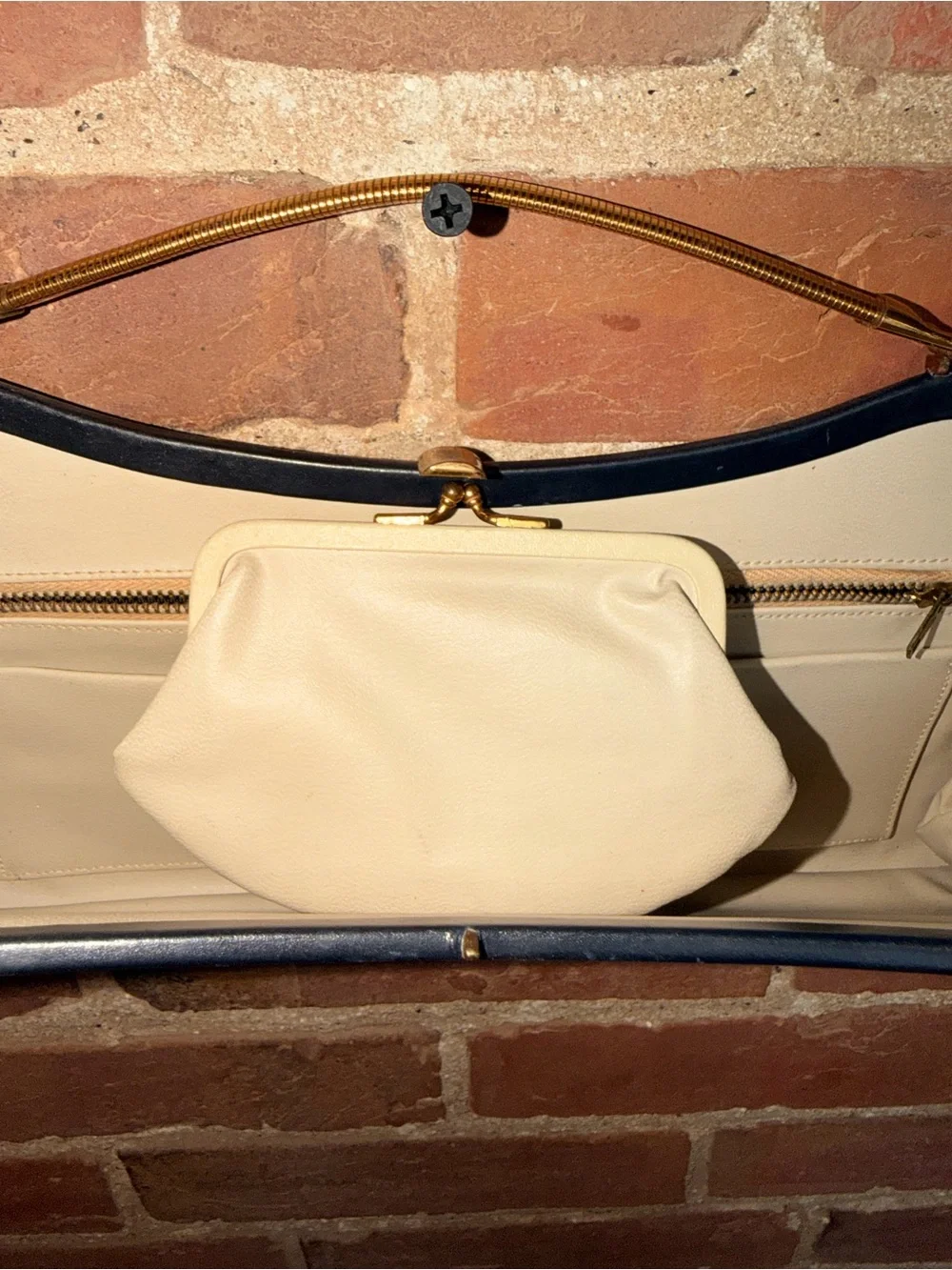 Blue Leather Wristlet Clutch with Gold-Tone Handle